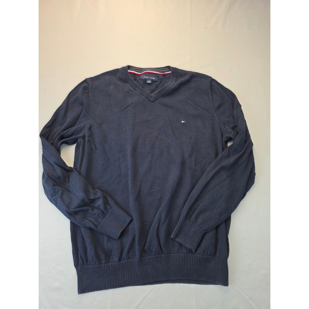 Tommy Hilfiger Mens V-Neck Sweater Navy Blue 100% Cotton Flag Logo Large L